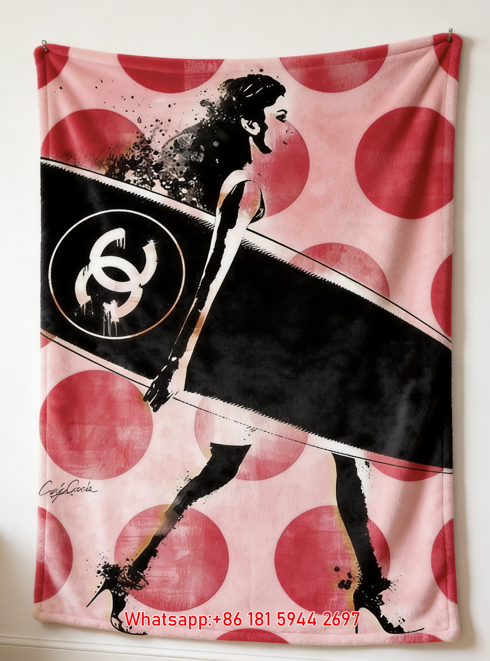 Chanel Surfboard CC Logo Pink Polka Dot Fashion Illustration Flannel Sofa Throw Blanket IMG_6788